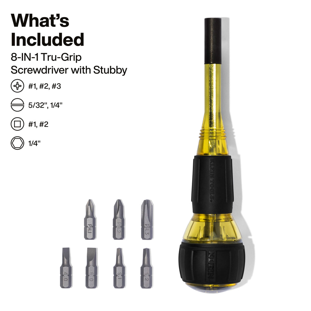 Klein Tools 32961A 8-in-1 Tru-Grip Screwdriver with Stubby