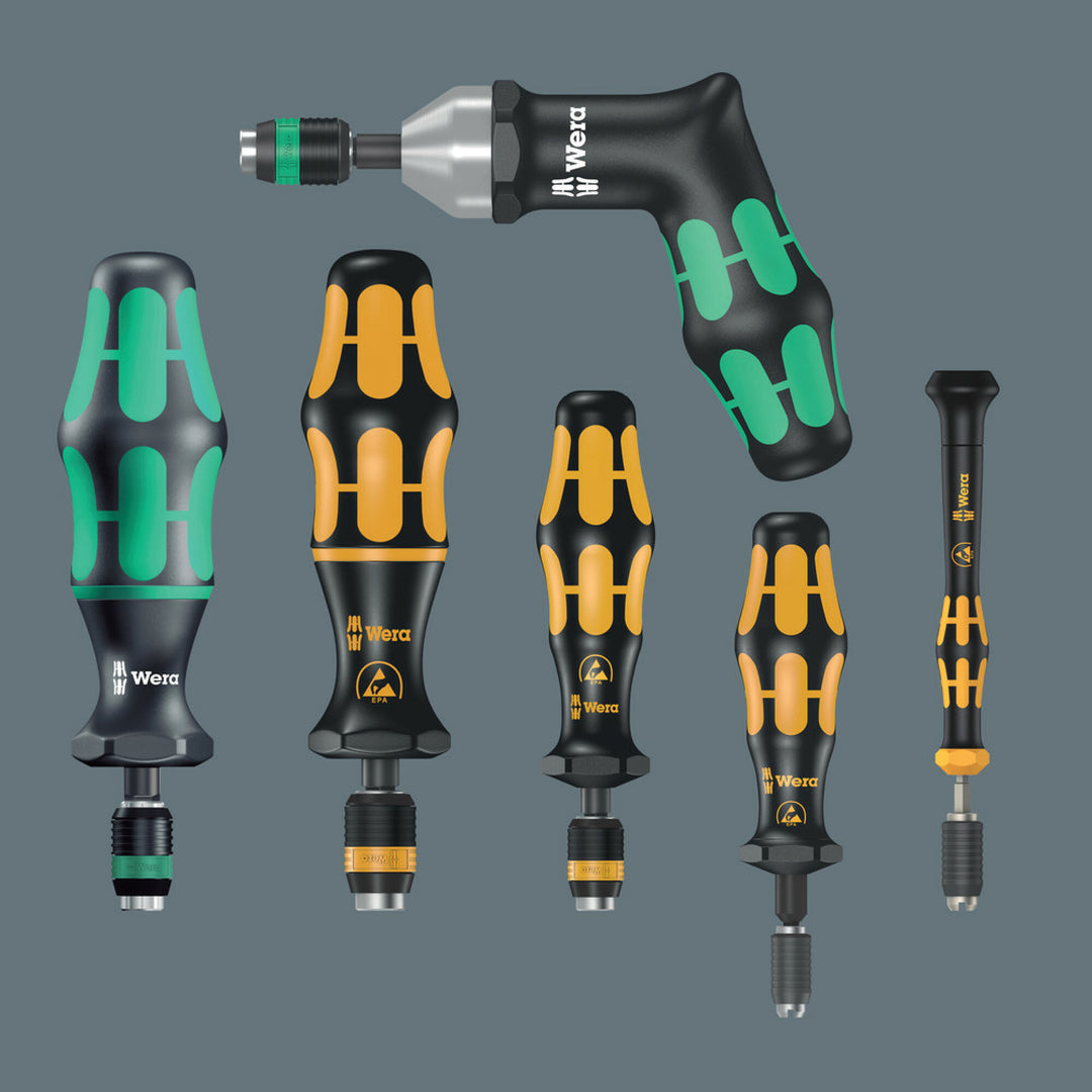 Wera Series 7400 ESD Kraftform pre-set, adjustable torque screwdrivers (0,1-1,5 Nm) with Rapidaptor quick-release chuck, handle size 89 mm, 7450 ESD x 0.1 Nm x 0.1-0.34 Nm
