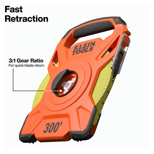 Klein Tools 94300RT 300-Foot Open Reel Tape Measure with Single Hook and Carabiner