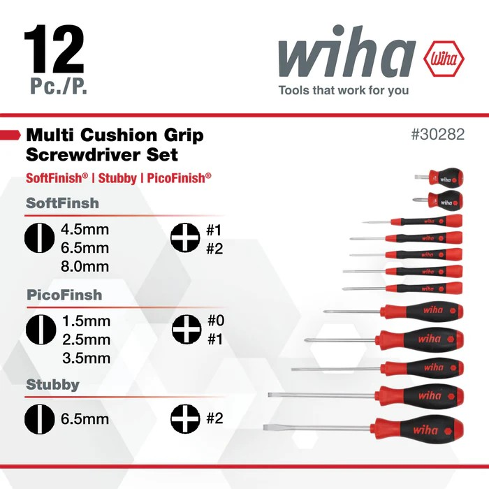 Wiha Tools 30282 Screwdriver Set - PicoFinish Precision, SoftFinish Standard and Stubby, 12 Pc.