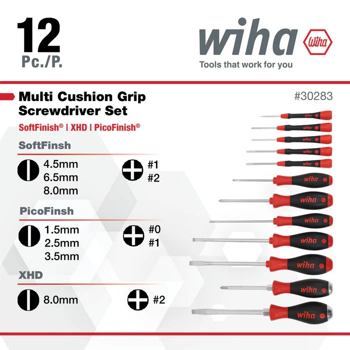 Wiha Tools 30283 Screwdriver Set - PicoFinish Precision, SoftFinish Standard and XHeavy Duty, 12 Pc.