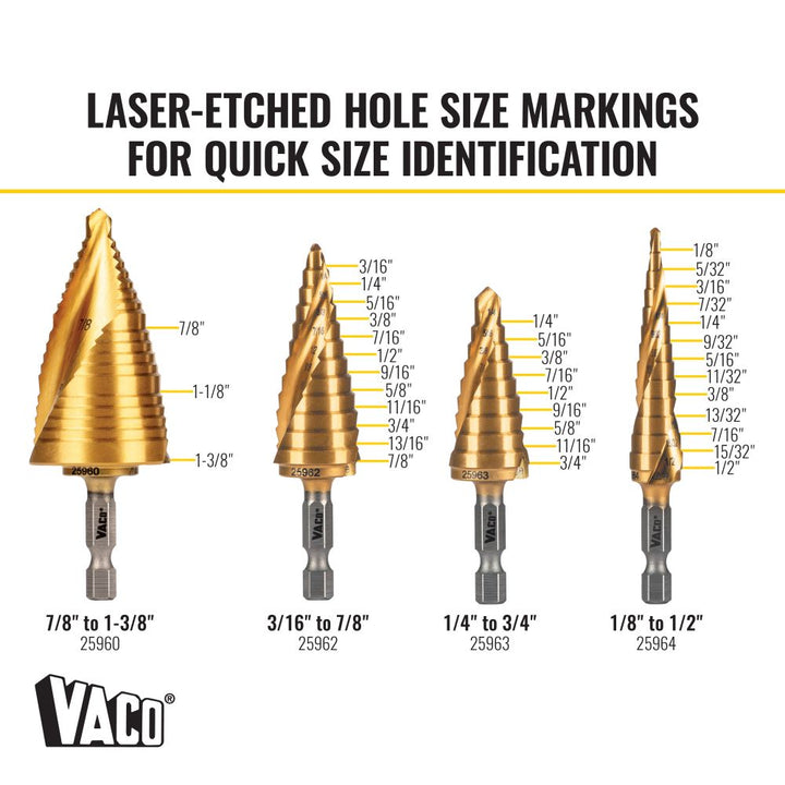 Klein Tools 25950 Step Bit Kit, Spiral Double-Fluted, VACO, 4-Piece