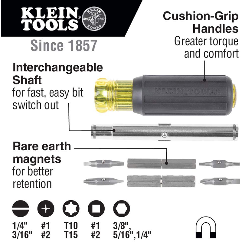 Klein Tools 32500MAG Magnetic Multi-Bit Screwdriver / Nut Driver, 11-in-1 Multi Tool